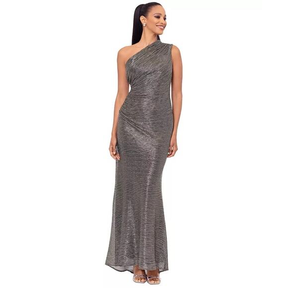 NWT Betsy & Adam Metallic One Shoulder Crinkled Column Gown Size 2 - Picture 1 of 5